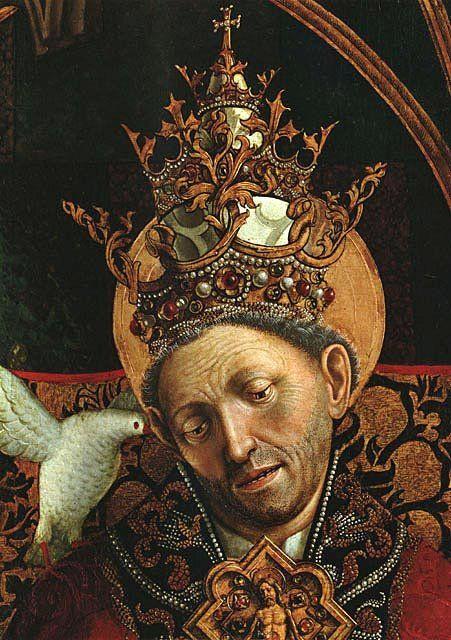 A detail from Michael Pacher (1435-1498), St.Gregory in the altar of the Fathers of the Church. The pope, depicted with an elderly face, a magnificent crown with a bramble motif and a finely embroidered robe, tilts his head to listen to a dove perched on his left shoulder.